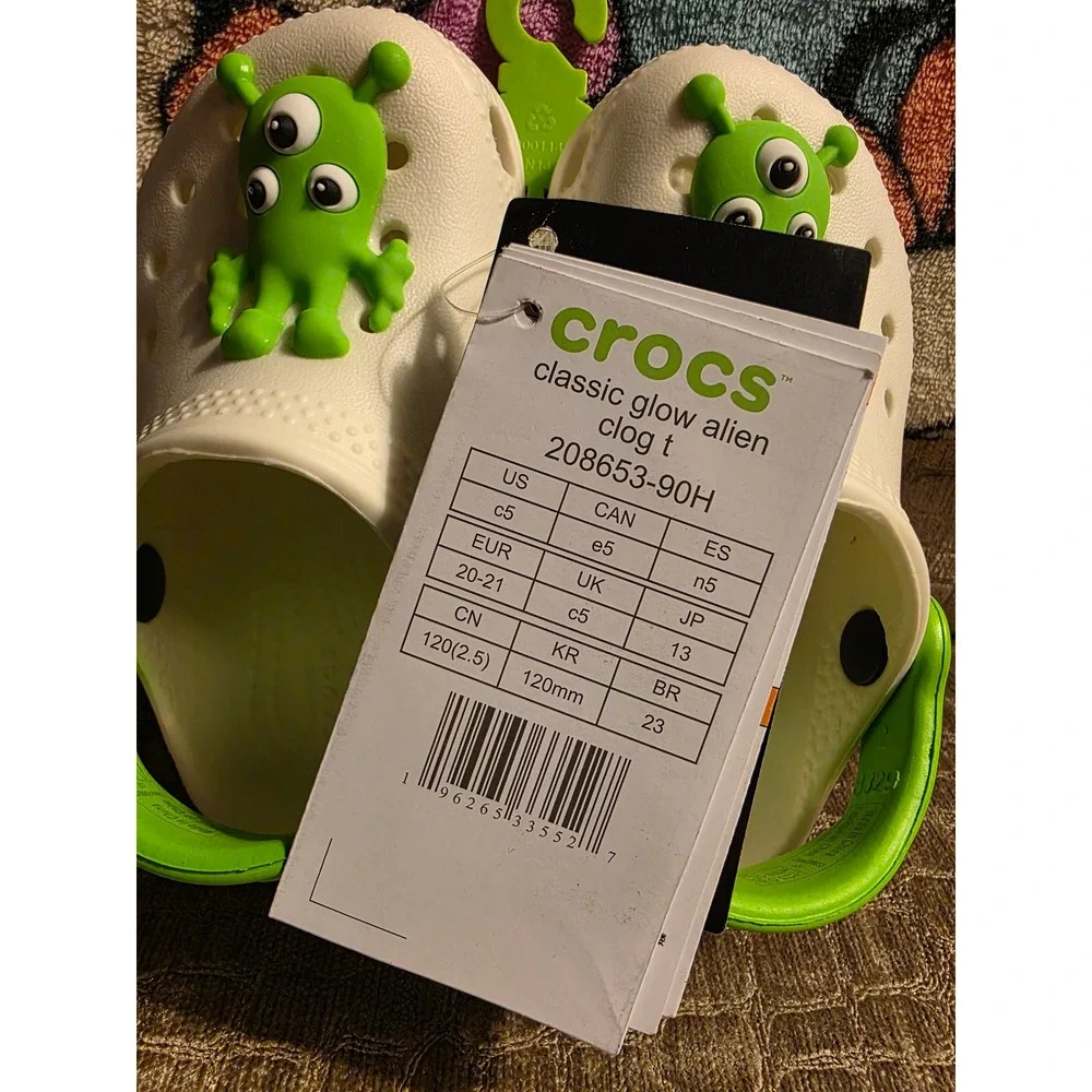 Crocs Classic Glow Alien Clog T Toddler Size C5 White Lime Green 208653-90H NEW